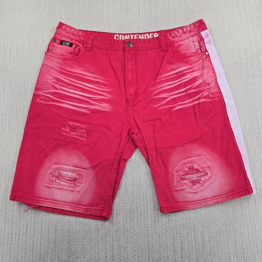 Contender Jean Shorts Mens 44 Red Distressed Acid Wash Side Stripe Denim Bermuda